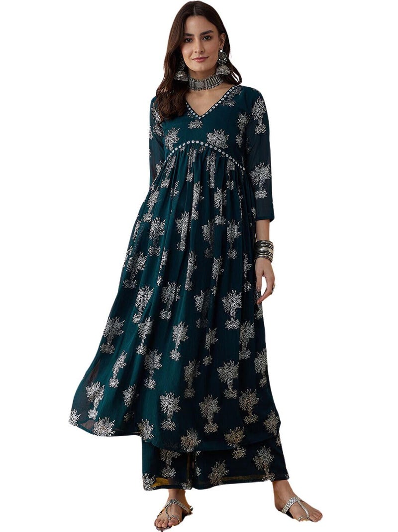 rytras Women Rayon's Printed Alia Cut Kurta and Palazzos Set (Green,Small) - Image 1