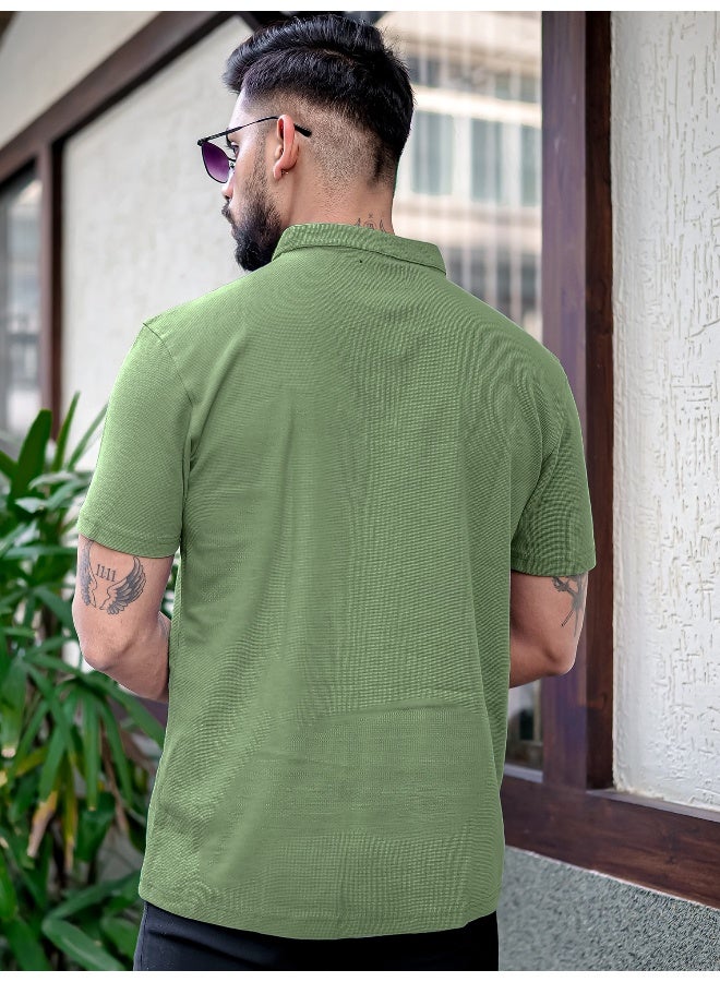 مانياك تيشيرت رجالي قطن أخضر هنلي نصف كم نحيف - Image 3