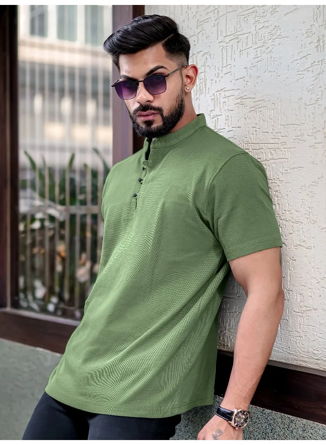Maniac Maniac Mens Solid Henley Neck Half Sleeve Hunter Green Cotton Oversized T-Shirt