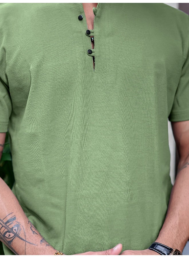 مانياك تيشيرت رجالي قطن أخضر هنلي نصف كم نحيف - Image 4