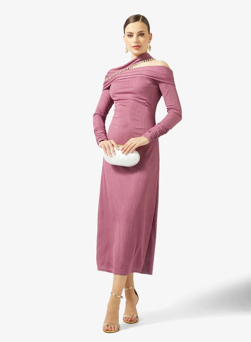 Threadz by Ajooni Off Shoulder Embellished Neck Dress