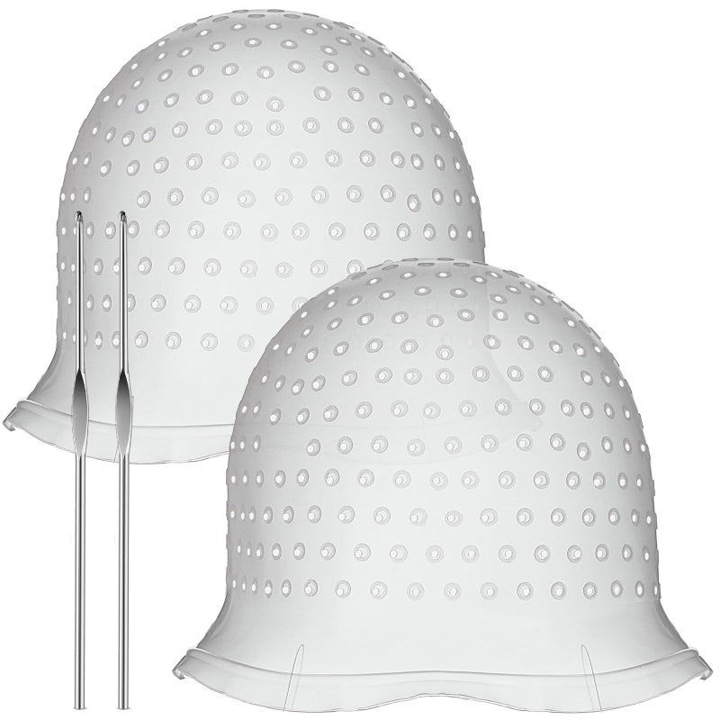 2 Pcs Hair Coloring Highlighting Cap Reusable Silicone Highlight Cap Pull Through Caps for Hair Coloring Frosting Cap with Hook Hair Dye Cap with Holes Hair Salon Tools Hairdressing Highlighting Kit