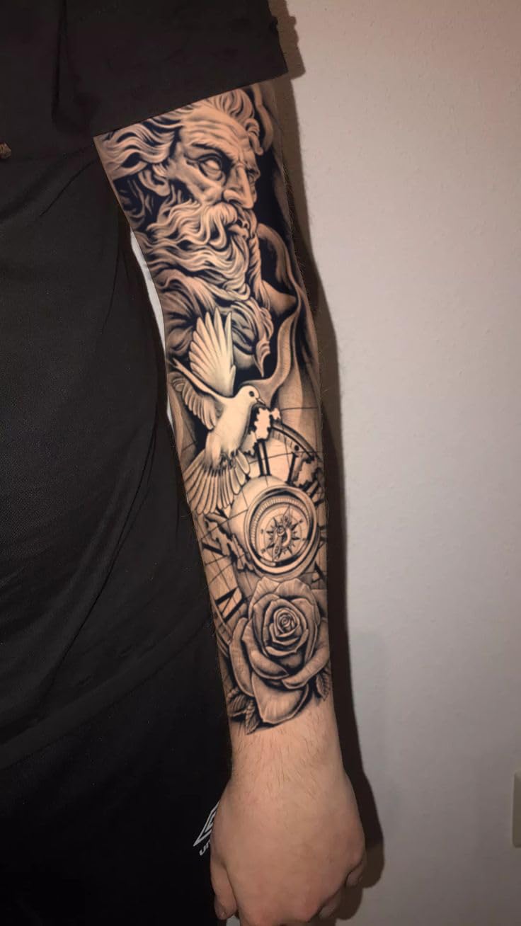 INKARTLINK Semi Permanent Tattoo, 2pcs Full Arm Large Size Art Party Tattoo, Comes With a Pair of Anti-transfer Sleeves, Lasts 7-15 Days, Waterproof and Anti-reflective (Old Man Time) - Image 2