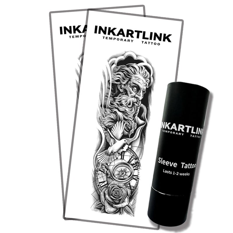 INKARTLINK Semi Permanent Tattoo, 2pcs Full Arm Large Size Art Party Tattoo, Comes With a Pair of Anti-transfer Sleeves, Lasts 7-15 Days, Waterproof and Anti-reflective (Old Man Time) - Image 1