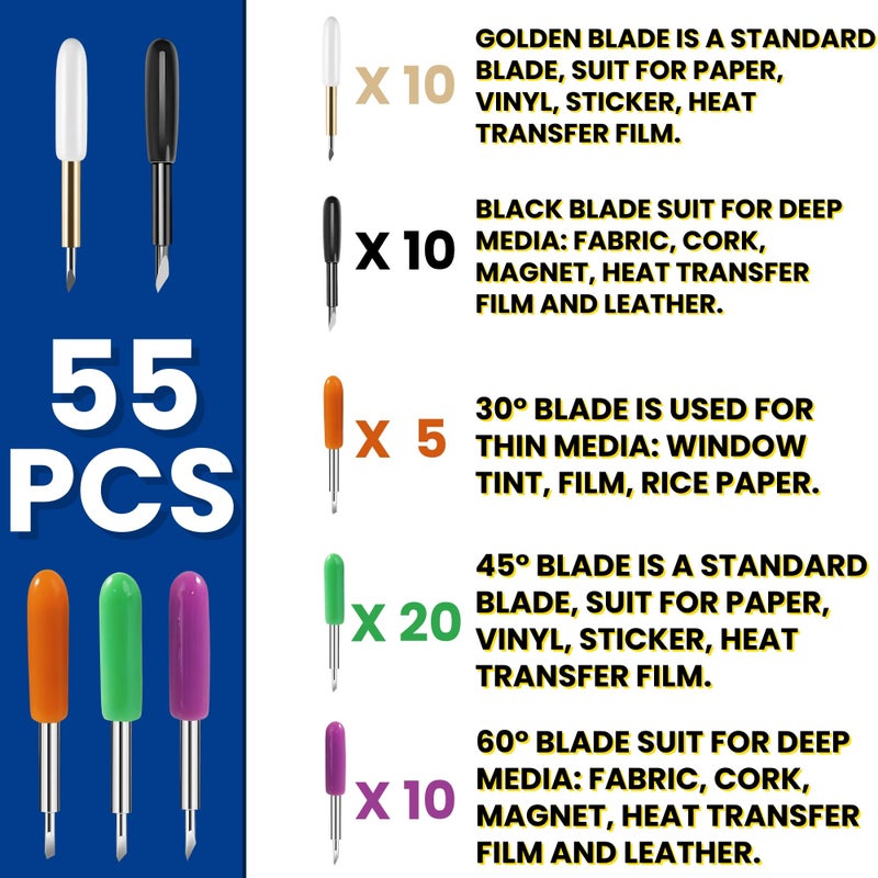 HOOFULL 55 PCS Replacement Plotter Blades Compatible with Cricut Machines for Explore Air/Maker 1 2 3/ Include 2 PCS Housing, 2 PCS Tweezers, Golden Fine Point, Black Deep Cutting Blades - Image 4