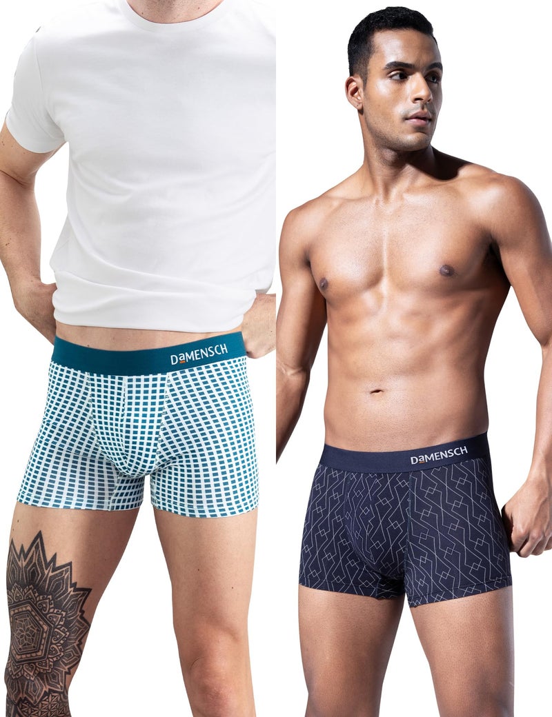 DAMENSCH Modal Regular Fit Printed Trunk Underwear Anti-Bacterial Moisture Wicking Breathable Microfibre Waistband Comfortable Deo-Soft Trunks for Men-Aqua Blue Checks, Navy Knots-L - Image 1