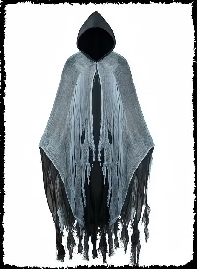 Wish Retro Tattered Hooded Cloak, Scary Adult Costume for Men and Women, Horror Cape with Hood for Party Zombie Ghost Wizard Grim-Reaper Cosplay - Image 2