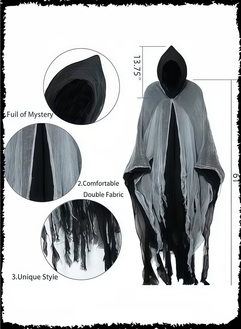 Wish Retro Tattered Hooded Cloak, Scary Adult Costume for Men and Women, Horror Cape with Hood for Party Zombie Ghost Wizard Grim-Reaper Cosplay - Image 3