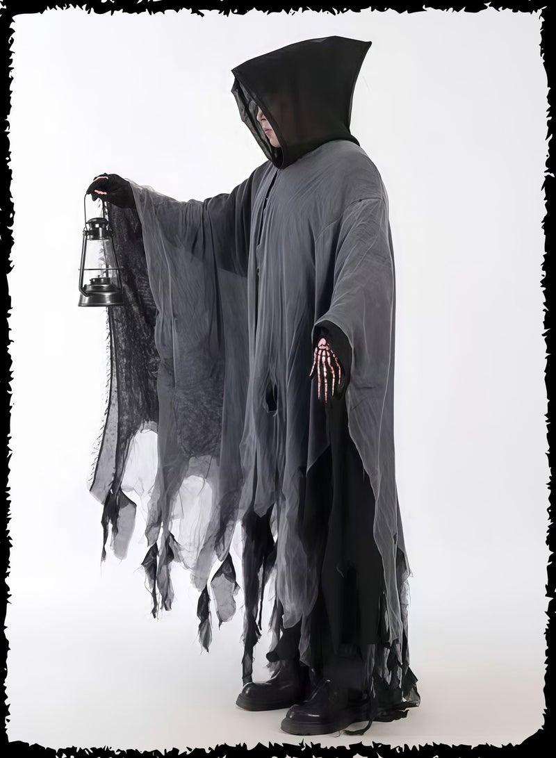 Wish Retro Tattered Hooded Cloak, Scary Adult Costume for Men and Women, Horror Cape with Hood for Party Zombie Ghost Wizard Grim-Reaper Cosplay - Image 5