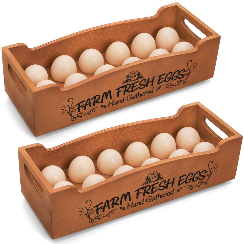 YOUEON Wooden Egg Holder for Countertop, Stackable 2-Tier Egg Crates for 24 Eggs with Handle, Farmhouse Rustic Pinewood Egg Storage Box with â€œFarm Fresh Eggsâ€ Print, No Assembly Needed - Image 1