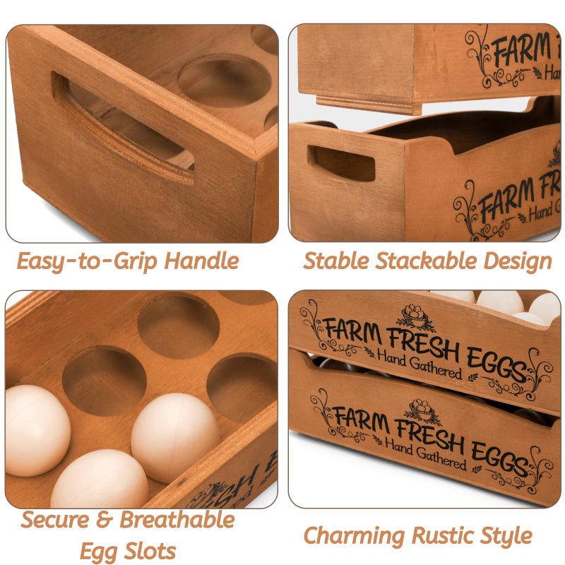 YOUEON Wooden Egg Holder for Countertop, Stackable 2-Tier Egg Crates for 24 Eggs with Handle, Farmhouse Rustic Pinewood Egg Storage Box with â€œFarm Fresh Eggsâ€ Print, No Assembly Needed - Image 3