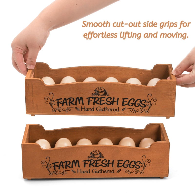 YOUEON Wooden Egg Holder for Countertop, Stackable 2-Tier Egg Crates for 24 Eggs with Handle, Farmhouse Rustic Pinewood Egg Storage Box with â€œFarm Fresh Eggsâ€ Print, No Assembly Needed - Image 4