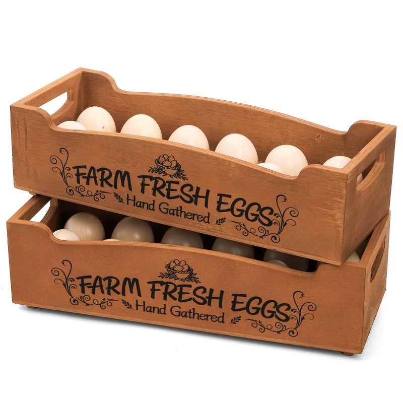 YOUEON Wooden Egg Holder for Countertop, Stackable 2-Tier Egg Crates for 24 Eggs with Handle, Farmhouse Rustic Pinewood Egg Storage Box with â€œFarm Fresh Eggsâ€ Print, No Assembly Needed - Image 5