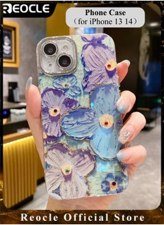 REOCLE Phone Case for iPhone 13 14 Colorful Retro Oil Painting Printed Flower Laser Beam Glossy Pattern Cute Curly Waves Border Exquisite Phone Cover Stylish Durable Protective Case for Girls  - Image 1