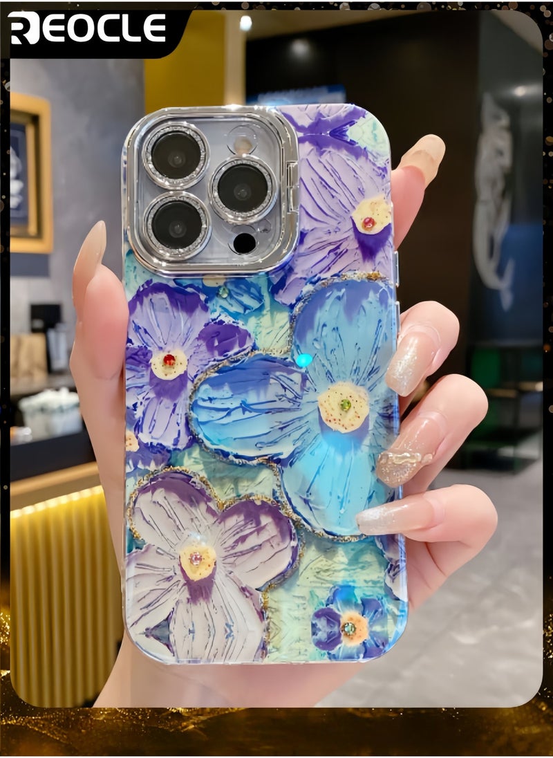 REOCLE Phone Case for iPhone 14Pro Max Colorful Retro Oil Painting Printed Flower Laser Beam Glossy Pattern Cute Curly Waves Border Exquisite Phone Cover Stylish Durable Protective Case for Girls - Image 1