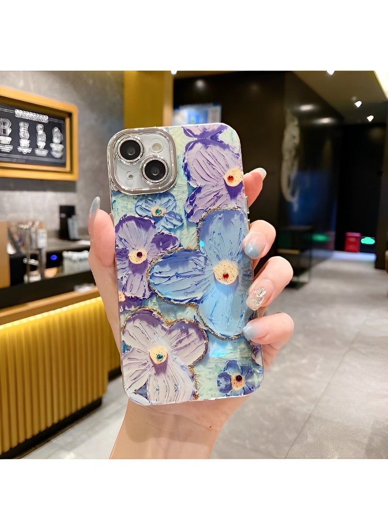 REOCLE Phone Case for iPhone 14Pro Max Colorful Retro Oil Painting Printed Flower Laser Beam Glossy Pattern Cute Curly Waves Border Exquisite Phone Cover Stylish Durable Protective Case for Girls - Image 2