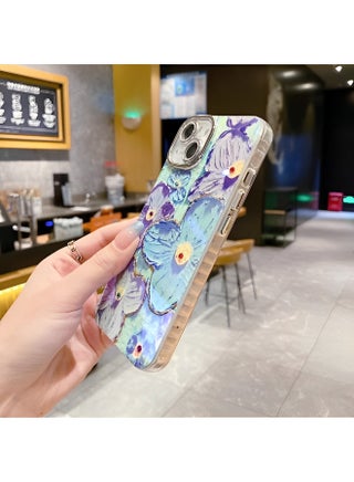 جراب هاتف لهاتف iPhone 14 برسومات زيتية ملونة ريترو مطبوعة بزهرة شعاع ليزر لامعة بنمط موجات مجعدة لطيفة، جراب هاتف أنيق ومتين واقٍ للفتيات - view 4