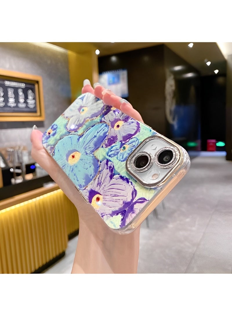 REOCLE Phone Case for iPhone 14Pro Max Colorful Retro Oil Painting Printed Flower Laser Beam Glossy Pattern Cute Curly Waves Border Exquisite Phone Cover Stylish Durable Protective Case for Girls - Image 3