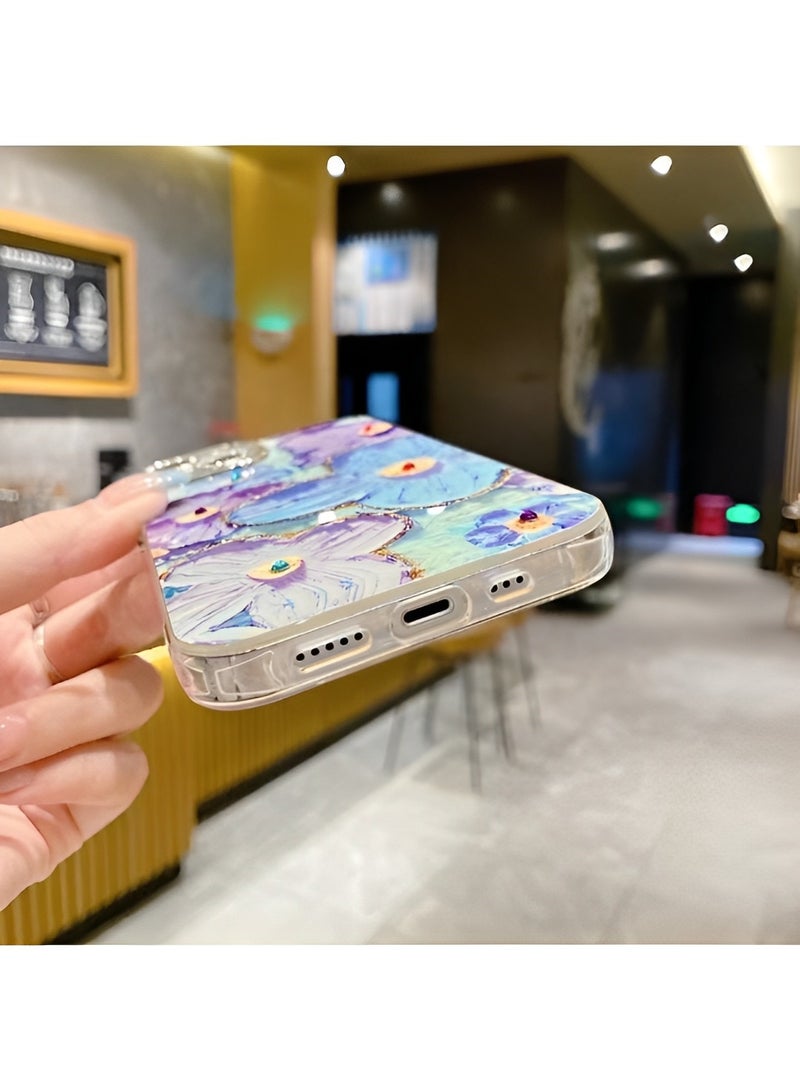 REOCLE Phone Case for iPhone 14Pro Max Colorful Retro Oil Painting Printed Flower Laser Beam Glossy Pattern Cute Curly Waves Border Exquisite Phone Cover Stylish Durable Protective Case for Girls - Image 5