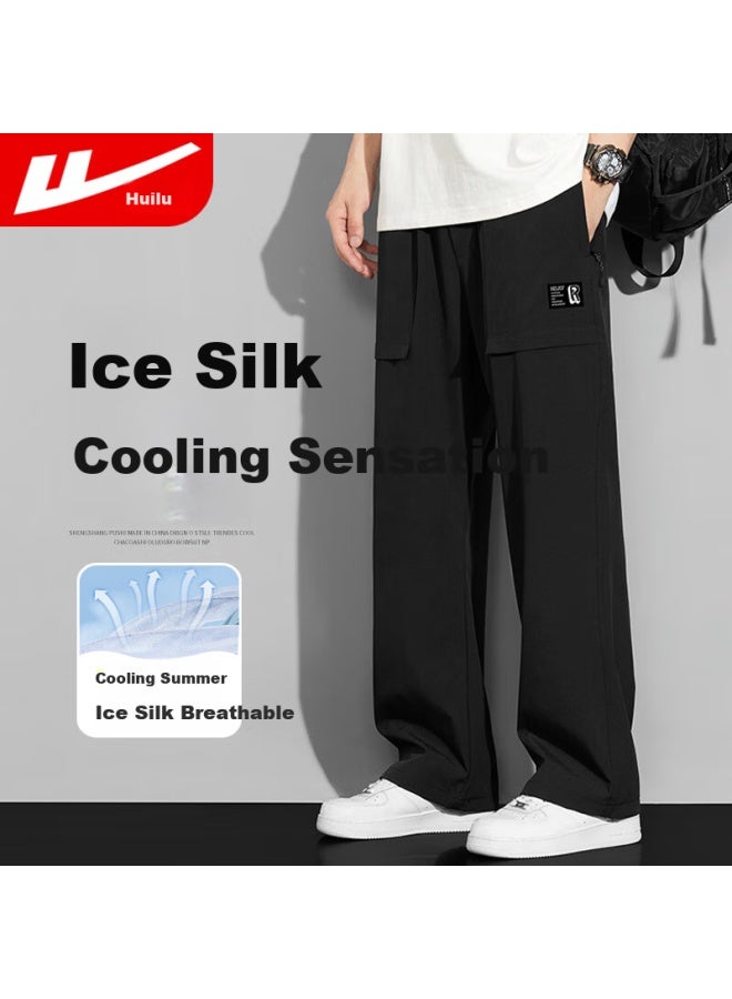 Warrior Leisure Pants Men's Summer Ice Silk Thin Loose Breathable Work Pants Loose Sports Pants Men Black 3XL
