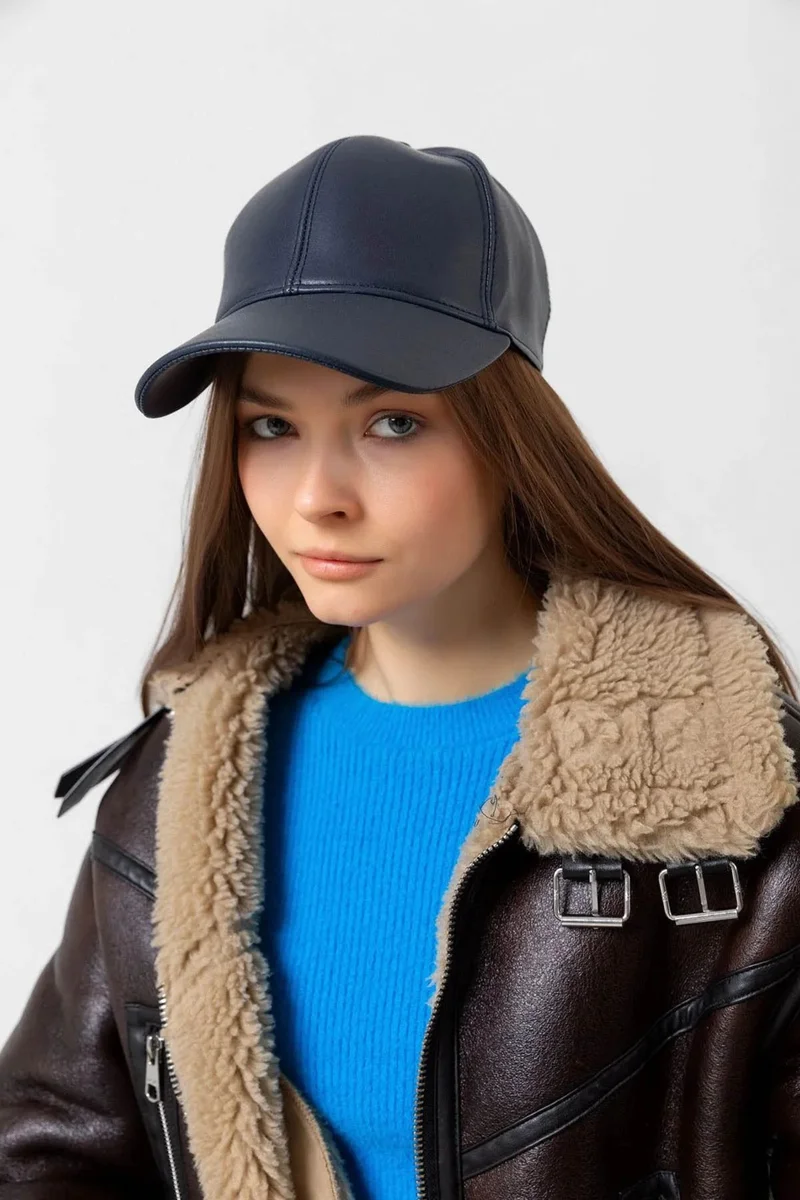 REMSA Women's Leather Cap Hat Rkş-08 Navy Blue
