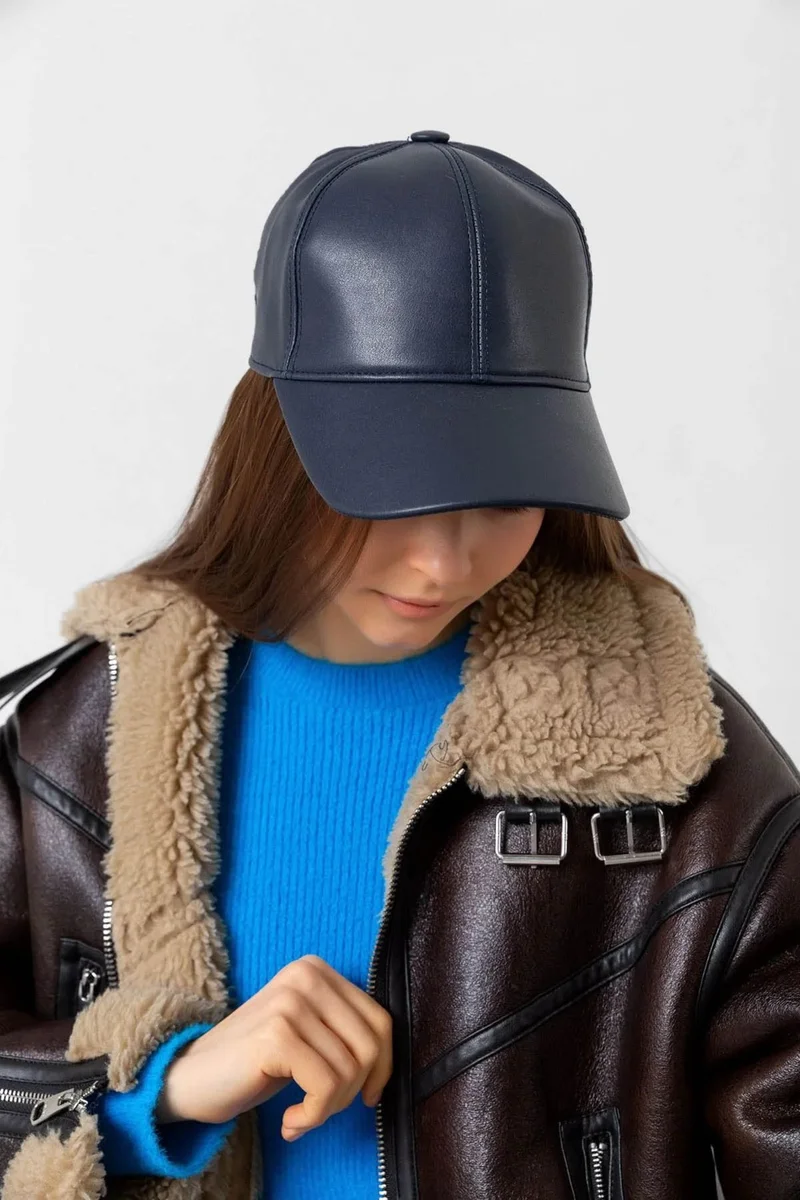 REMSA Women's Leather Cap Hat Rkş-08 Navy Blue