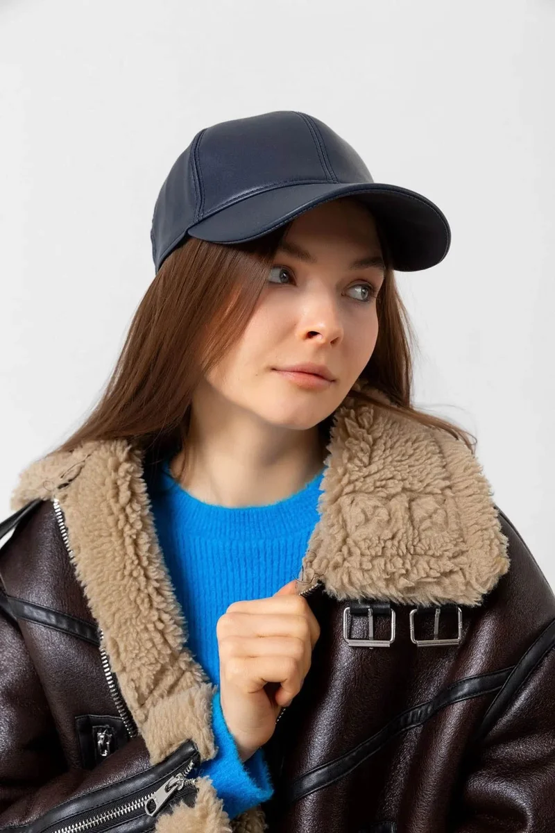 REMSA Women's Leather Cap Hat Rkş-08 Navy Blue