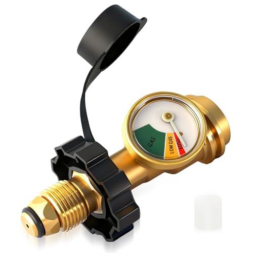 MRGVFLO 100 lb Propane Tank Adapter with Gauge, Propane Gauge for 100 lb Propane Tank, Universal Fit Pol to Qcc1 Propane Tank Adapter Converts Pol to Qcc1 / Type 1 - Old to New Connection Type, Solid Brass - Image 1