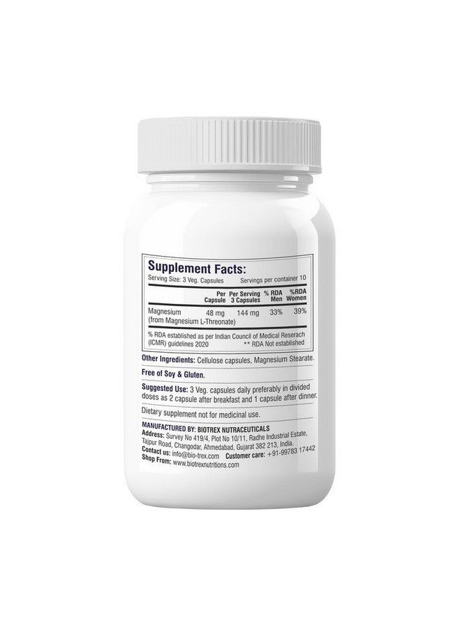 Biotrex Nutraceuticals بيوتريكس نيوترسوتيكلز مغنيسيوم L ثريونيت - مغنيسيوم ثريونيت عالي التوافر الحيوي لدعم صحة الدماغ والوظائف الإدراكية - 30 كبسولة نباتية - Image 2