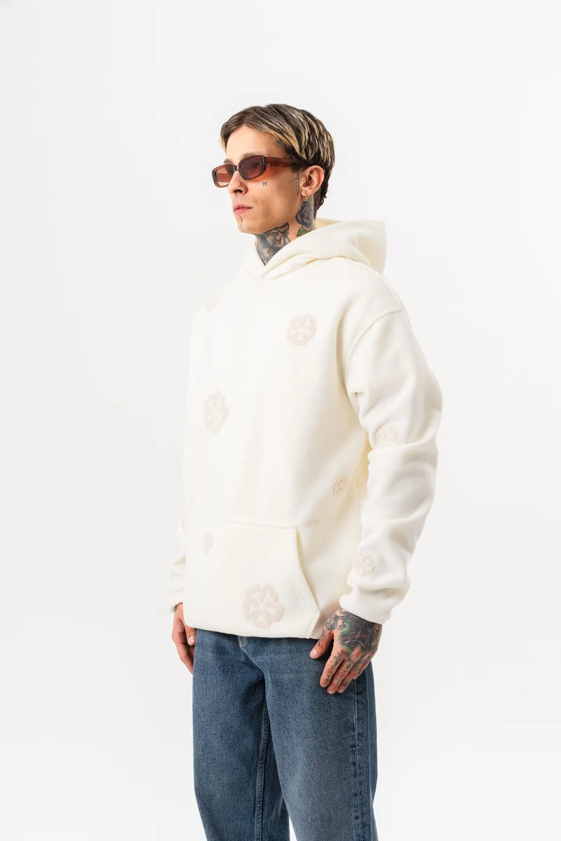 RESPIRE Men's Süzene Embroidery Detail Hooded Oversize Fleece Hoodie Ecru