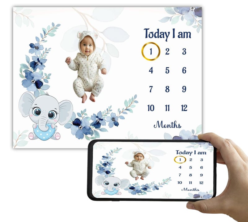 Hoolloomooloo Baby Monthly Milestone Blanket 112 Months Soft AllSeason AC Blanket Ideal for Newborn Boys Girls Perfect Growth Tracker Photoshoot Prop with Floral Elephant 120x90 cm - Image 1