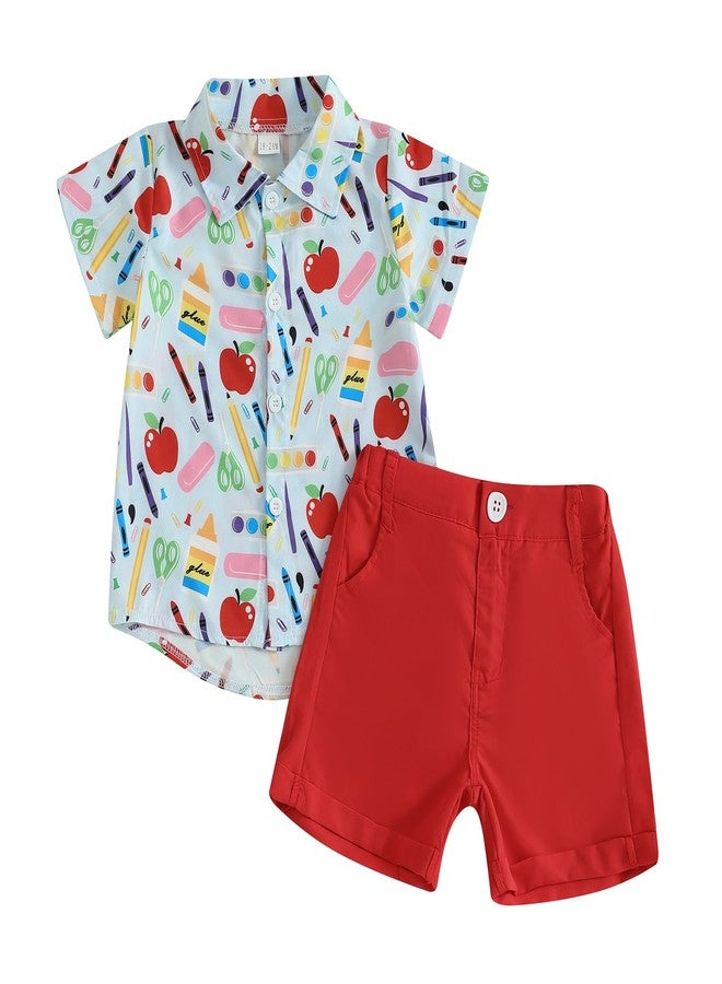 Frietlebird Back to School Outfit Toddler Boys Short Sleeve Apple Pen Button Down Shirt and Shorts First Day of School Summer Clothes Set (B-Red,4-5T) - Image 1