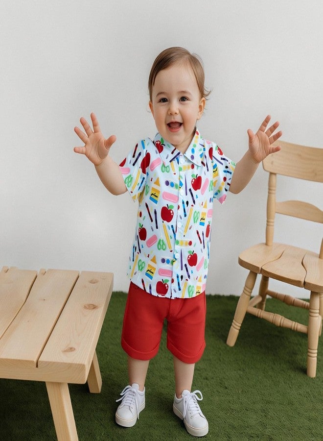 Frietlebird Back to School Outfit Toddler Boys Short Sleeve Apple Pen Button Down Shirt and Shorts First Day of School Summer Clothes Set (B-Red,4-5T) - Image 3