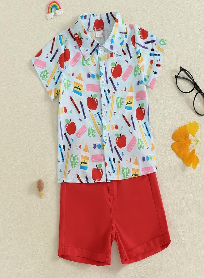 Frietlebird Back to School Outfit Toddler Boys Short Sleeve Apple Pen Button Down Shirt and Shorts First Day of School Summer Clothes Set (B-Red,4-5T) - Image 2