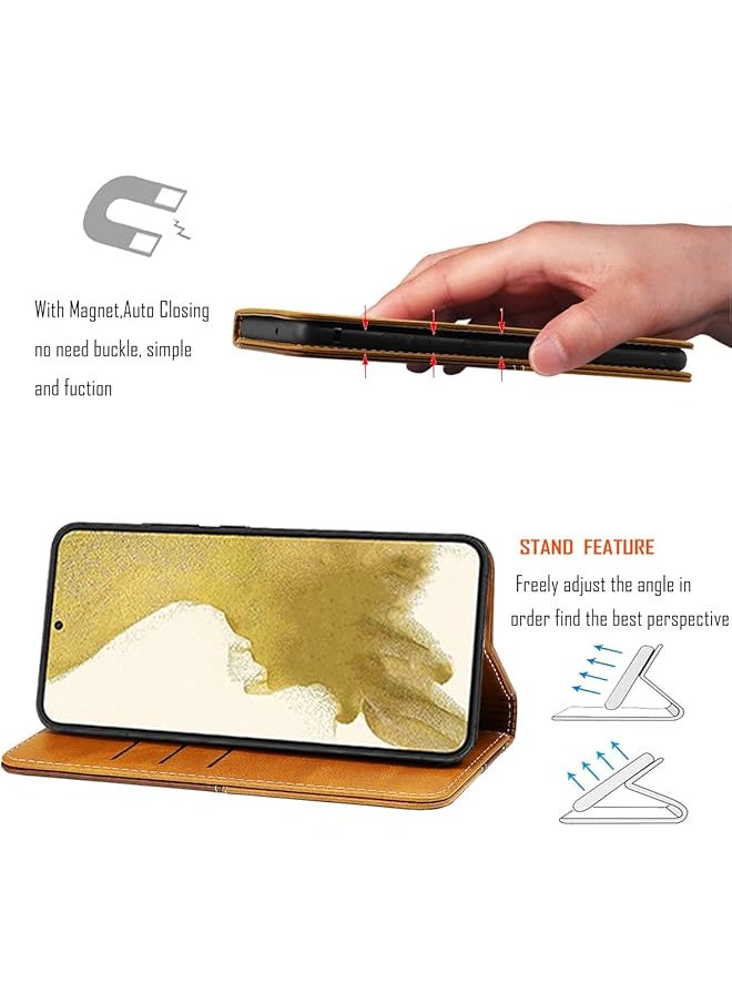 erorex - Samsung Galaxy S22 Case Pu Leather Wallet Case Card Holder Shockproof Flip Cover Brown Khaki - Image 1