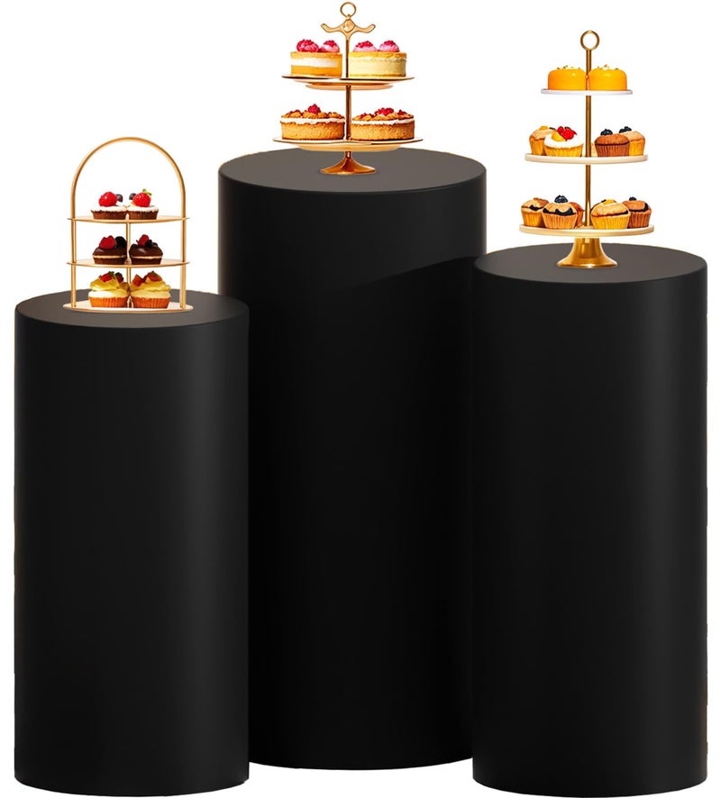 ROMANKAS Set of 3 Cylinder Covers Black Cylinders Pedestal Plinth Display Stand Cover Spandex Round Pedestal Covers for Party Pedestal Stand Cover for Wedding Party Ceremony Decorations