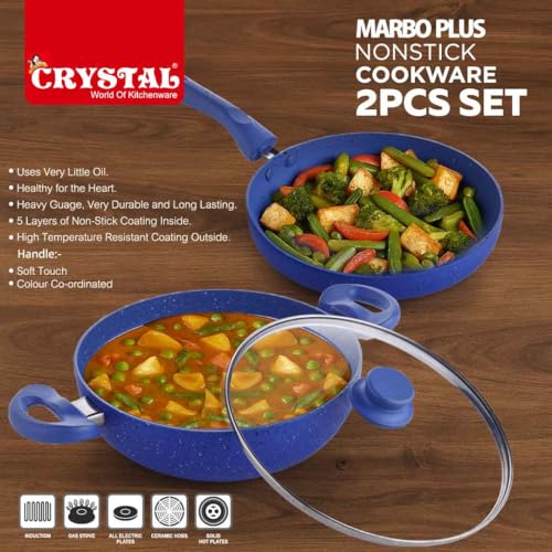 Crystal 225mm Kadai + 225mm Fry Pan with Glass Lid | 2Pcs Set| Blue - Image 3