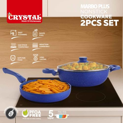 Crystal 225mm Kadai + 225mm Fry Pan with Glass Lid | 2Pcs Set| Blue - Image 4