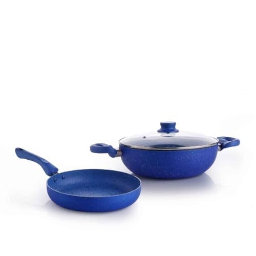 Crystal 225mm Kadai + 225mm Fry Pan with Glass Lid | 2Pcs Set| Blue - Image 1