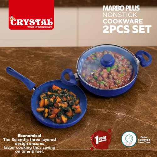 Crystal 225mm Kadai + 225mm Fry Pan with Glass Lid | 2Pcs Set| Blue - Image 2