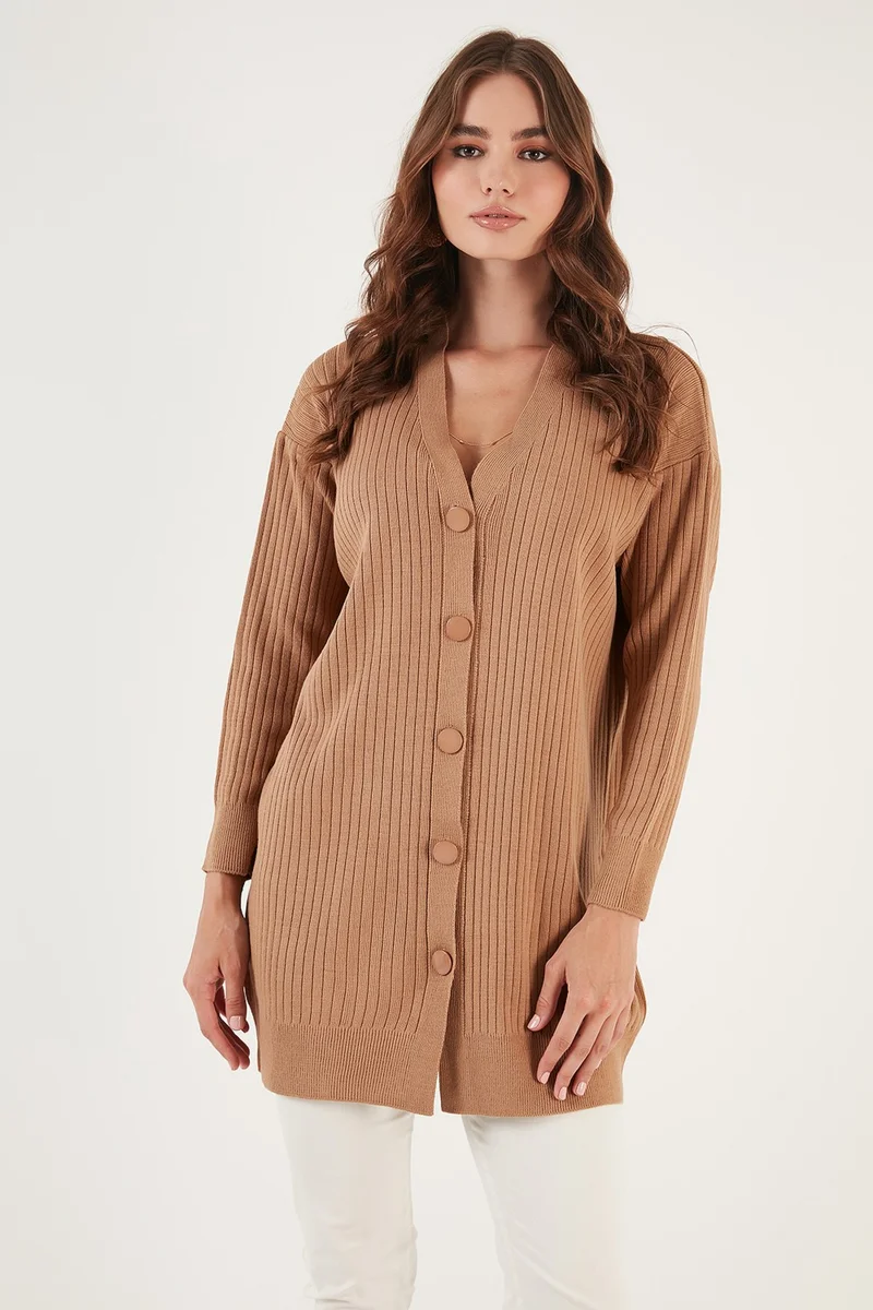 ليلا V Neck Buttoned Long Knitted Cardigan Women's Cardigan 4616040Y