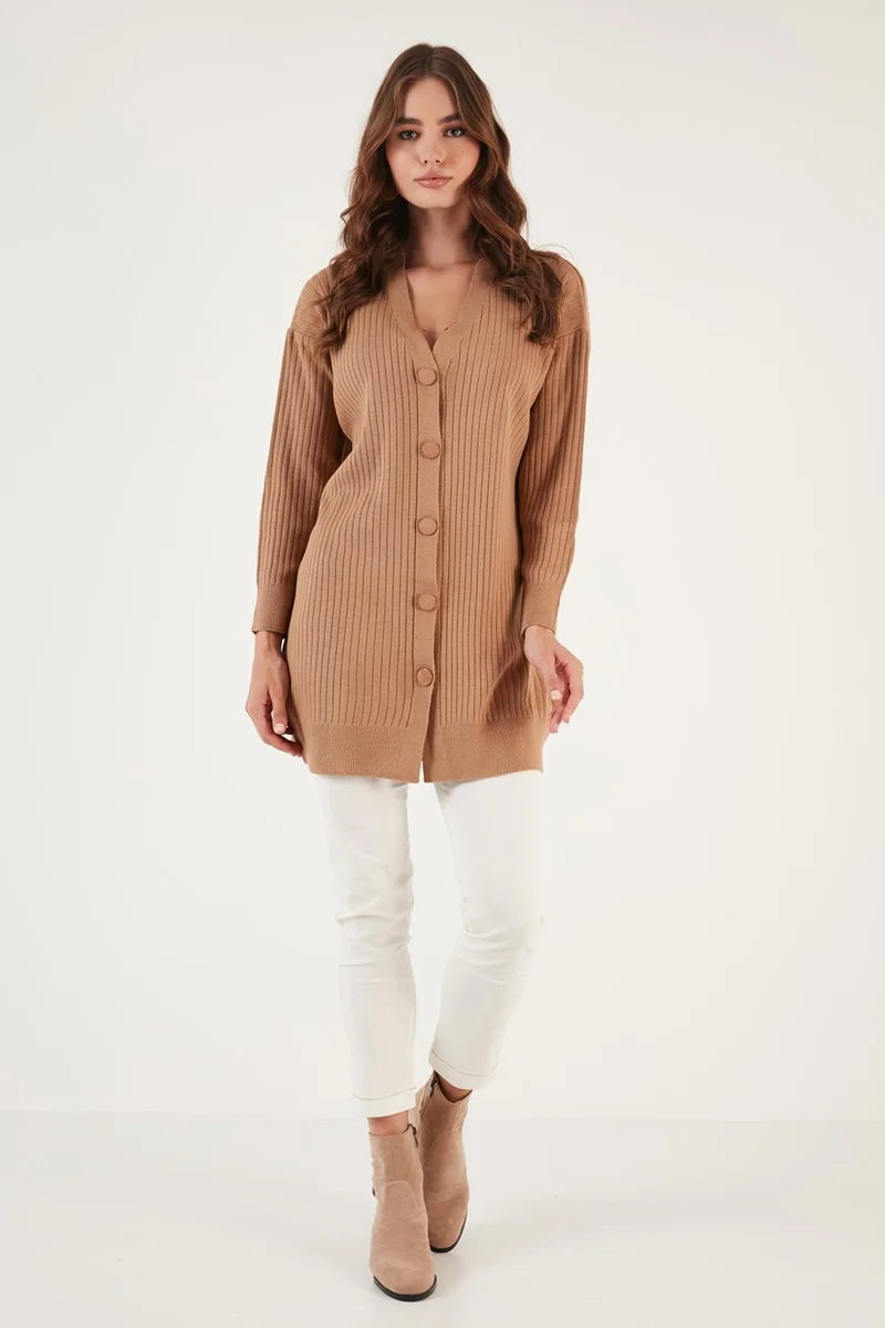 ليلا V Neck Buttoned Long Knitted Cardigan Women's Cardigan 4616040Y