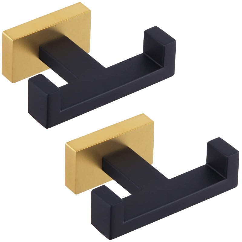 Angle Simple Towel Hook Black Gold 2 PCS Stainless Steel Double Hook for Bathroom Square Robe Hook Hand Towel Holder for Wall