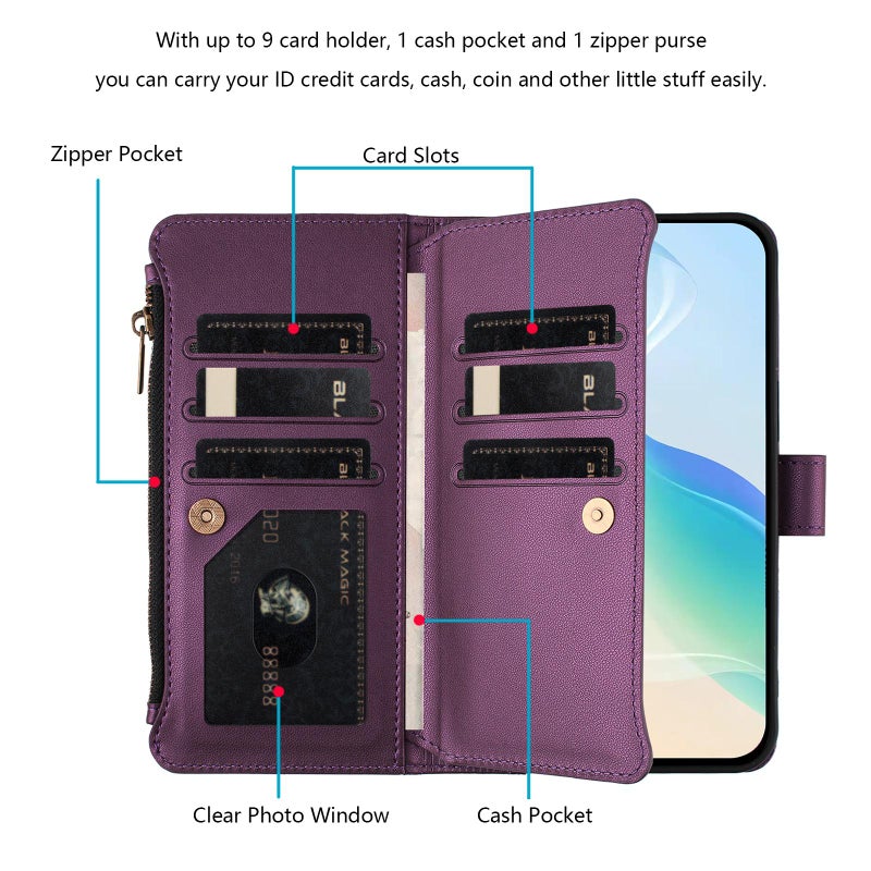 HuHa Case Cover For Google Pixel 7 Pro 5G Magnetic Closure 9 Card Slots Zipper Leather Case with Hand Strap(Purple) - Image 3