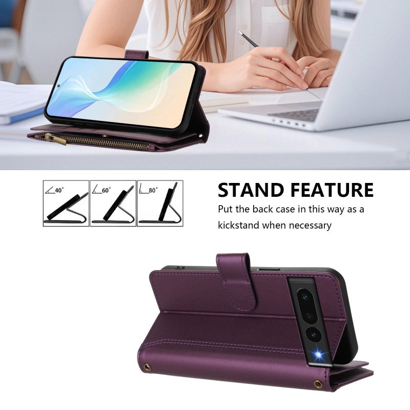 HuHa Case Cover For Google Pixel 7 Pro 5G Magnetic Closure 9 Card Slots Zipper Leather Case with Hand Strap(Purple) - Image 4