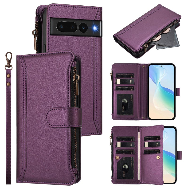 HuHa Case Cover For Google Pixel 7 Pro 5G Magnetic Closure 9 Card Slots Zipper Leather Case with Hand Strap(Purple) - Image 1