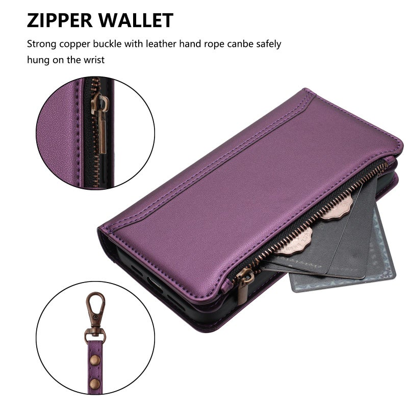 HuHa Case Cover For Google Pixel 7 Pro 5G Magnetic Closure 9 Card Slots Zipper Leather Case with Hand Strap(Purple) - Image 5