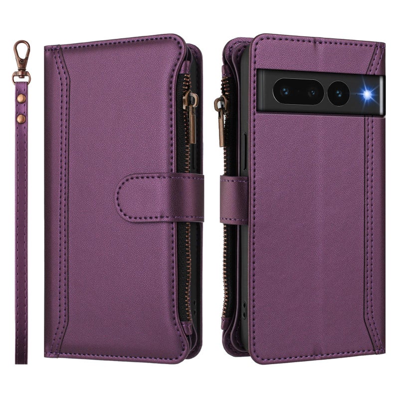 HuHa Case Cover For Google Pixel 7 Pro 5G Magnetic Closure 9 Card Slots Zipper Leather Case with Hand Strap(Purple) - Image 2