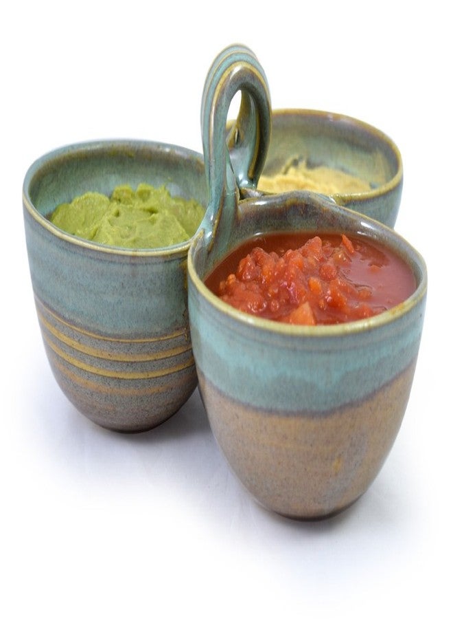 Modern Artisans American Made Stoneware Pottery 3-Bowl Condiment/Sauce Serving Dish in Sea Oats Color - Image 1