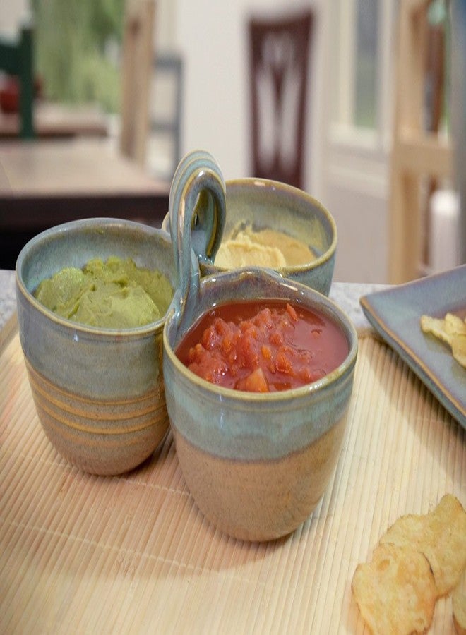 Modern Artisans American Made Stoneware Pottery 3-Bowl Condiment/Sauce Serving Dish in Sea Oats Color - Image 2